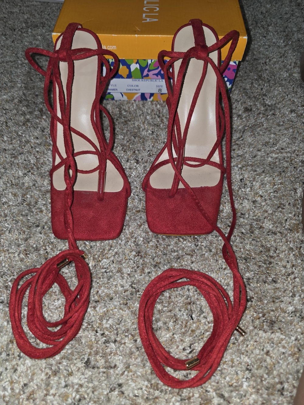Red Lace-Up Suede Ankle Wrap Heels